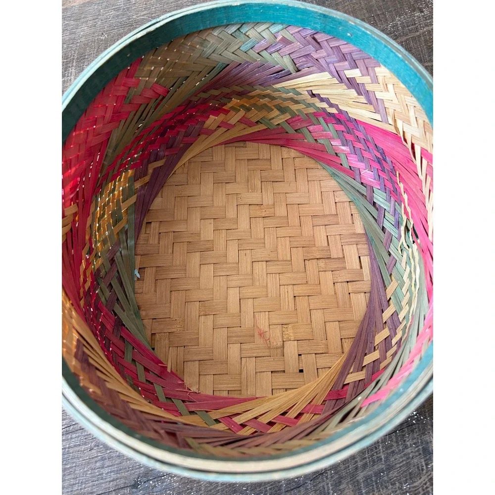 Vintage Style Woven Bamboo Basket Round Multi Color Pink Teal Braided Detail 11i